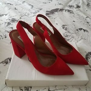 Red faux suede shoes